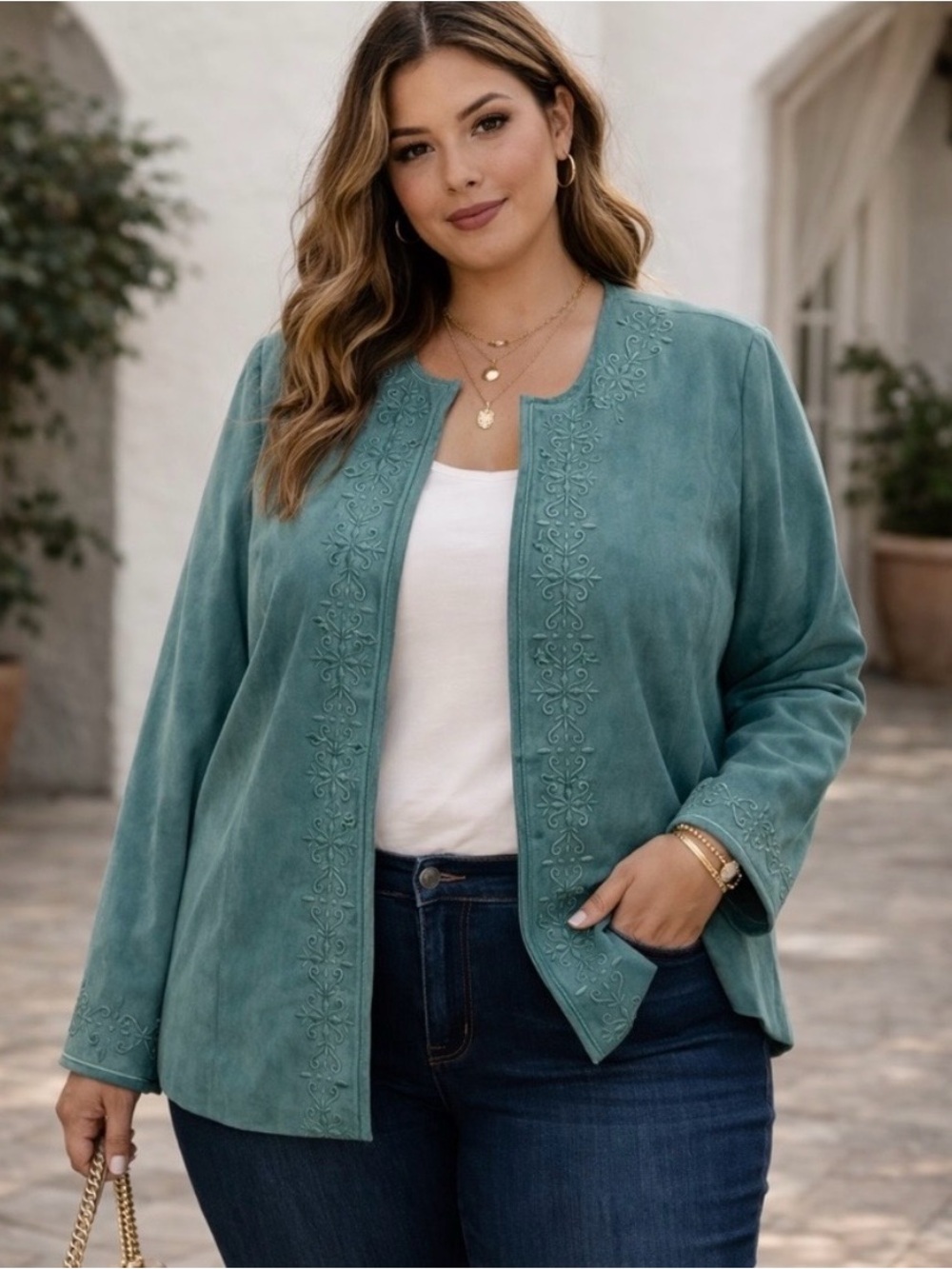 DressBarn Teal Embroidered Open-Front plus size blazer